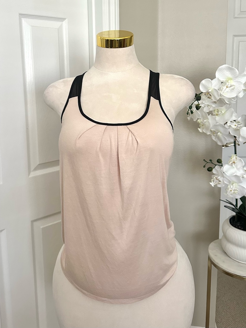 Express Blush Pink Tank Top w/ Black Mesh Trim and Pleated Scoop Neckline Sz XS